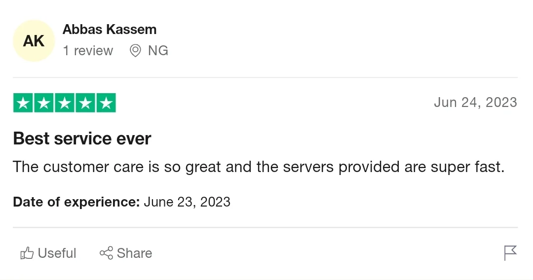 A iptv reviews by Abbas Kassem, dated June 24, 2023, reads, "Best IPTV service ever. The customer care is so great and the IPTV servers provided are super fast." The experience date is June 23, 2023. The review has a 5-star rating. Options to mark as Useful and Share are visible below the review.